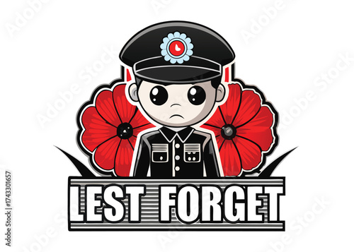 Sad soldier with red poppies and lest forget banner uniform
