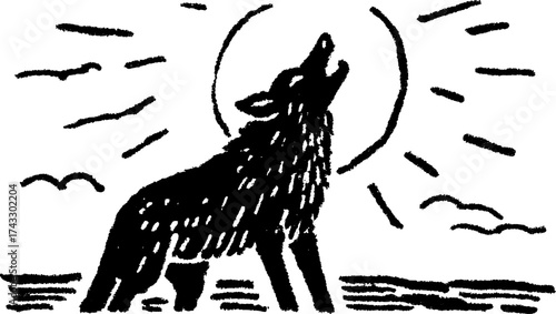 Wolf silhouette howling against a sun backdrop. Simple black and white vector illustration in a wilderness environment.