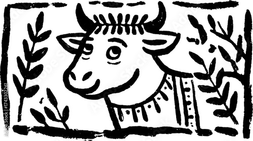 Cartoon cow illustration with black and white coloring, featuring ornamental leaves. Simple design in vector format.