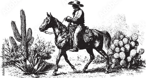 Cowboy riding a horse in a desert landscape with cactus plants. Detailed black and white vector illustration in a western style.