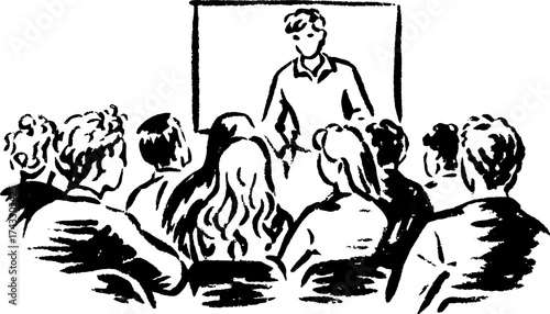 Speaker presentation in front of an audience. Simple black and white vector illustration showcasing a meeting set or educational scene.