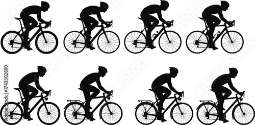 Silhouette cyclist collection, racing and commuter bikes, helmet rider posture, urban cycling, transportation concept, fitness lifestyle, vector illustration set