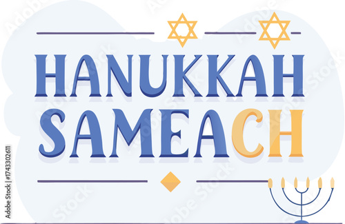 Hanukkah sameach blue and gold text with menorah and stars jewish holiday