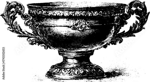 Vintage cup engraving with detailed decoration in a classic style. This artwork showcases elegant craftsmanship in a retro vector illustration set.