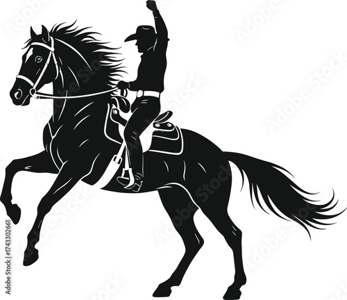Cowboy silhouette riding rearing horse, wild west rodeo action, dramatic pose, black and white illustration, equestrian strength, adventure, freedom, motion