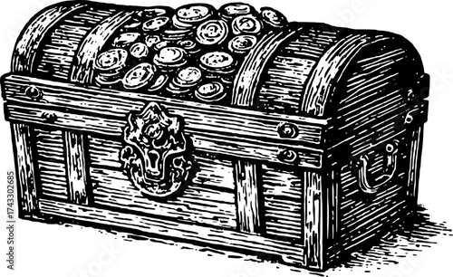 Treasure chest filled with coins in vintage engraving style. This illustration features a detailed wooden design, perfect for any vector art set.