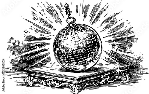 Vintage mirror ball illustration in elegant outline style. A classic engraving design, perfect for celebratory themes or decorative artwork vector.