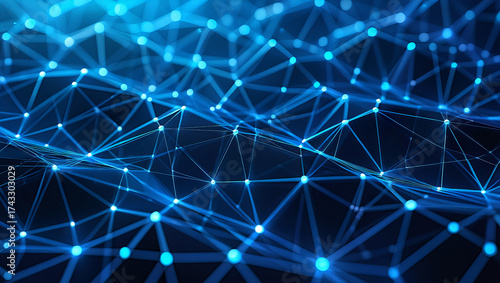 Abstract 3D network visualization with glowing blue nodes and connecting lines forming a digital mesh. Futuristic technology background symbolizing data flow and artificial intelligence systems.
