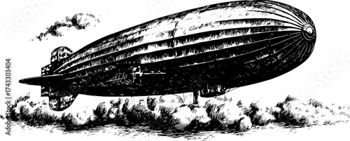 Vintage airship illustration in line art style. Detailed black and white vector graphic with clouds, perfect for design projects.