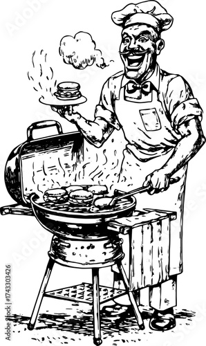 Chef grilling hamburgers outdoors. Vintage engraving illustration showcasing a cook with equipment for barbecue in a kitchen set.