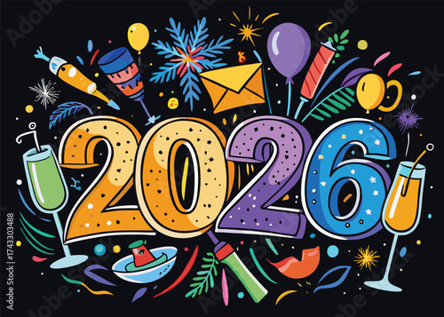 2026 Festive celebration of new year with colorful elements and champagne balloons confetti