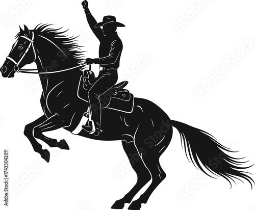 Cowboy silhouette, horse rearing, rodeo action, western rider, wild west theme, dramatic pose, equestrian control, adventure, hat, reins