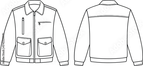 Technical fashion flat sketch of zippered jacket front and back view, ribbed cuffs and hem, chest pockets, apparel design illustration template