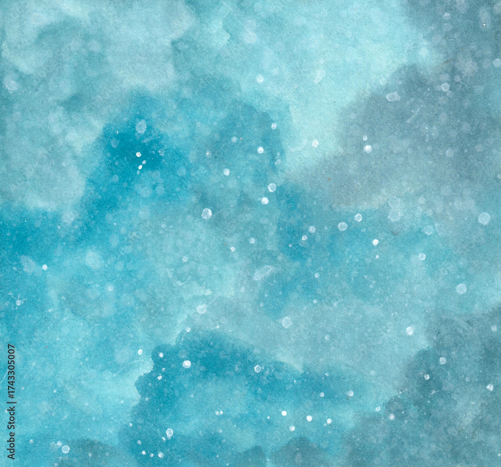Obraz premium Watercolor painting nature background of gradient blue sky with snow on paper. Winter sky. illustration for sky and cloud. copy space for the text. Hand painted texture style.