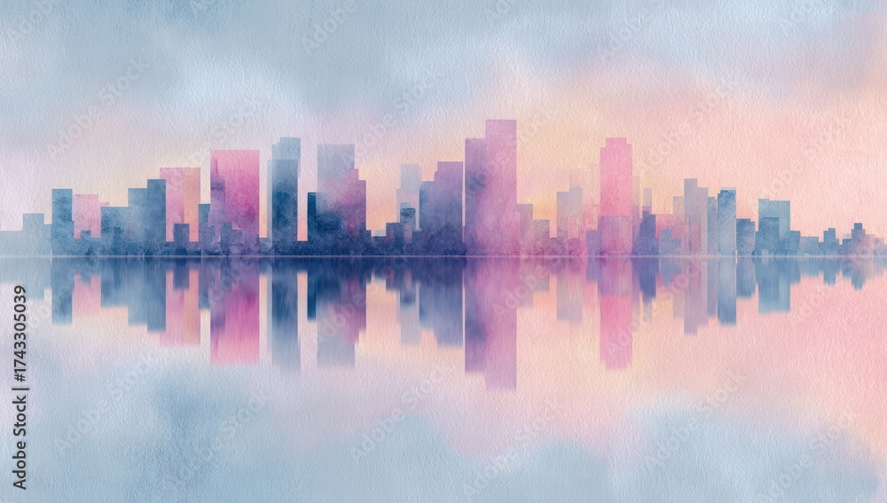 Fototapeta premium Watercolor cityscape reflected on water, soft colors, hazy