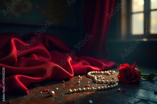 Mysterious Dimly Lit Room Luxurious Fabrics, Scattered Pearls, and a Single Red Rose ? A Scene of Anticipation, Hidden Secrets, and Passionate Desire