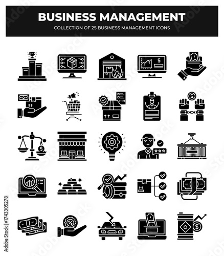 Collection of 25 Business Management Icons: Finance. Marketing. and Strategy