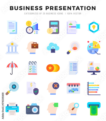Set of 25 Business Presentation Flat Icons Pack.