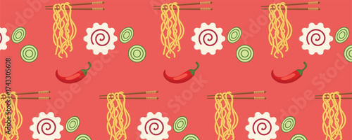 Asian ramen ingredients seamless pattern with chopsticks, narutomaki fish, onions, and chili peppers. Japanese cuisine illustration for restaurant branding, menus, and packaging