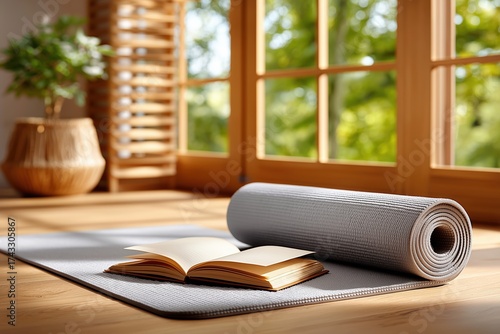 Yoga mat with open book in bright windowed room.