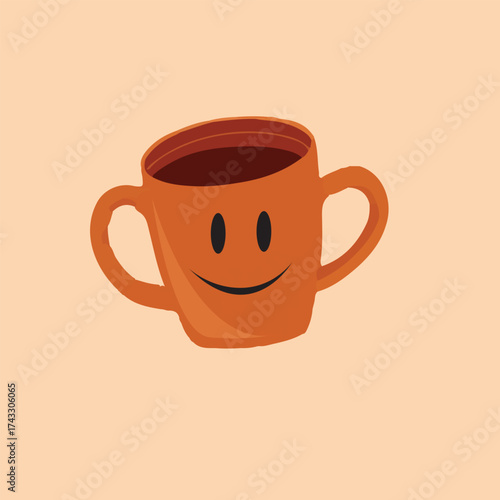 Smiling Orange Cup Mug With Face Illustration; Cozy Beverage Icon For Greeting, Coffee, Or Tea