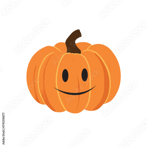 A cheerful orange pumpkin with a cute face and dark stem, perfect for autumn, Halloween, and family friendly content