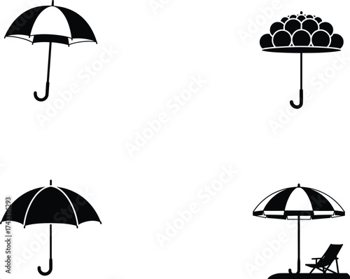 Umbrella illustration collection, black and white vector, beach umbrella art, classic umbrella design, decorative parasol, vacation symbol, weather protection, silhouette