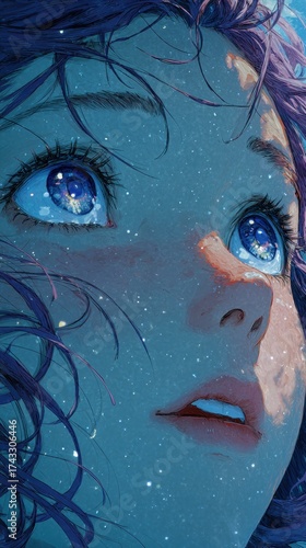 Close-up of a person's face with starry eyes and flowing hair against a cosmic background