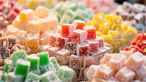 Vibrant Turkish Delight Display: A captivating assortment of colorful Turkish delights, arranged in an eye-pleasing display, their sugary surfaces glistening.