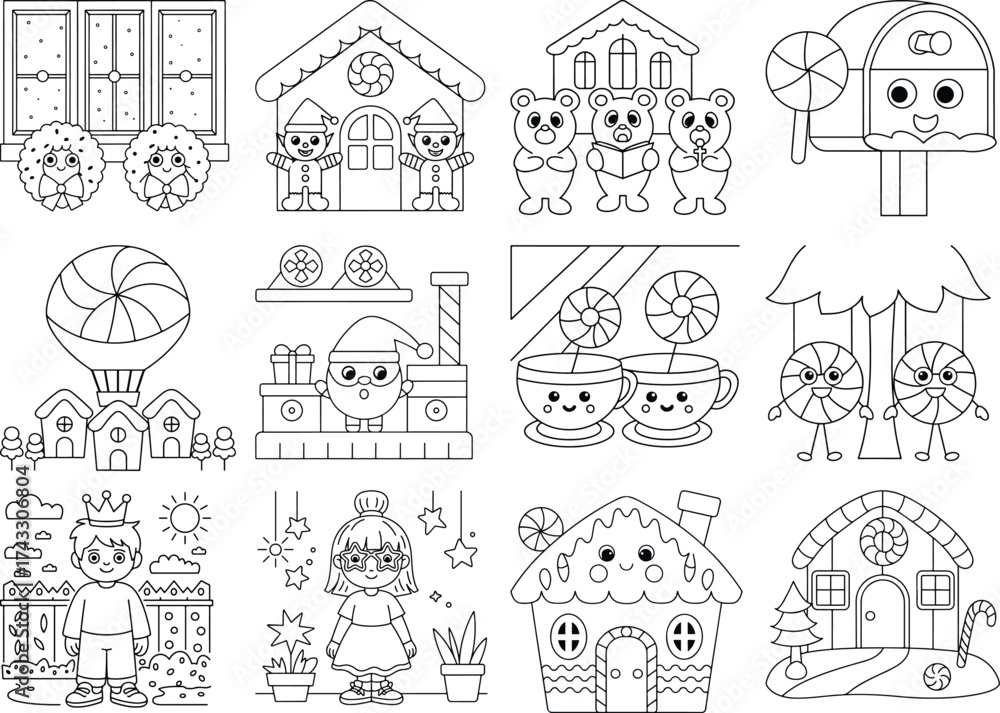 Fototapeta premium Whimsical Christmas and Holiday Coloring Pages festive with