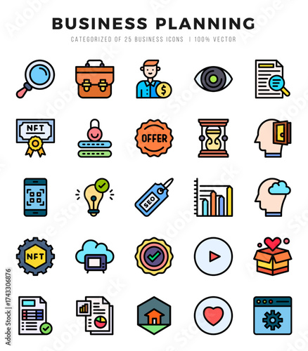 Set of Business Planning Icons. Simple Lineal Color art style icons pack.