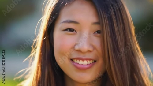 Beautiful Asian Woman Smiling in Sunlight with Blurry Green Background.