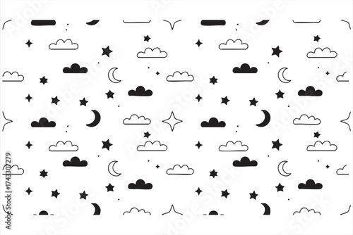 Peaceful night and sleep concept vector pattern with moon and sky elements