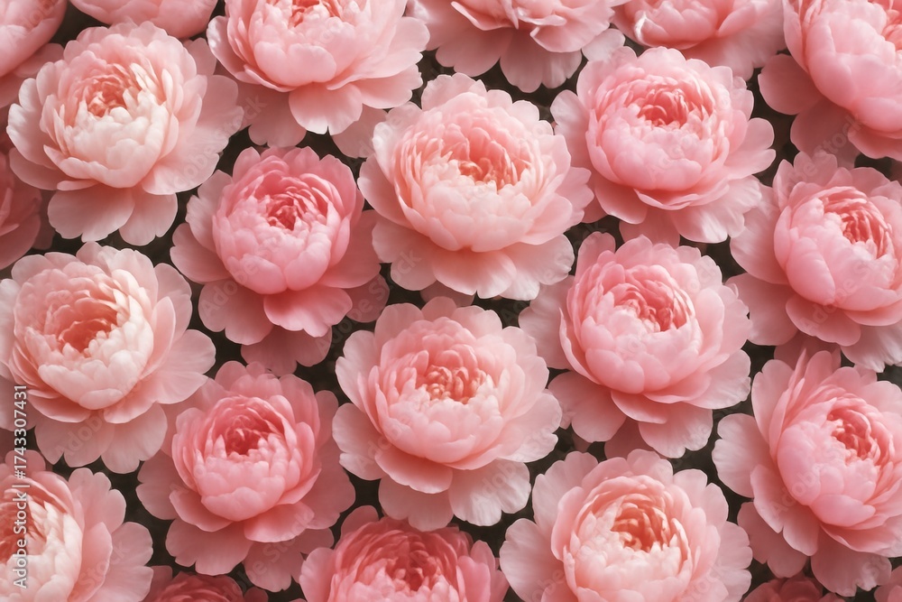 Fototapeta premium Soft pink peony flowers in full bloom arranged in seamless pattern, delicate petals forming elegant floral background with natural light glow. Ai generative
