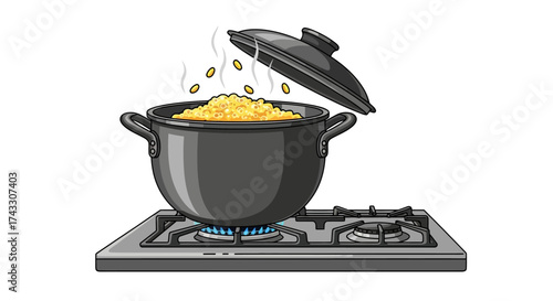 Illustration of cooking pot on gas stove with steam and grains, food preparation concept