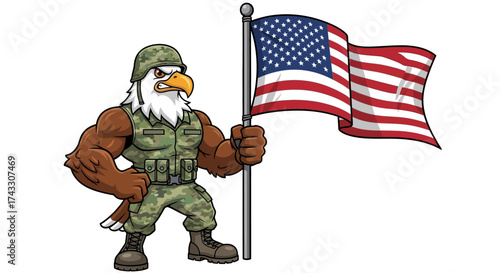Cartoon eagle soldier holding american flag celebrating independence day character design
