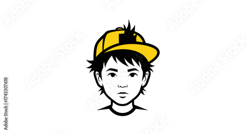 Stylized cartoon illustration of a boy with a yellow cap, black hair and outlined features