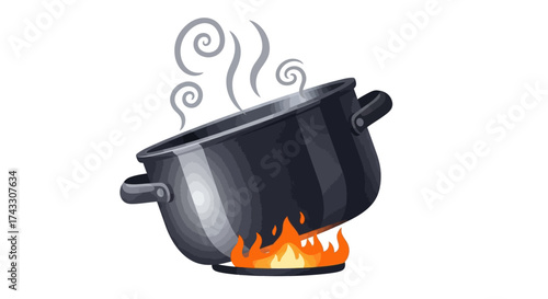Illustration of a Cooking Pot on Fire with Steam Emitting, Ideal for Culinary Concepts and Kitchen
