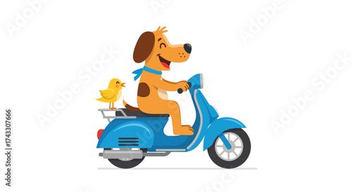 Cartoon dog riding scooter with duck, joyful adventure, vector illustration, happy friend,