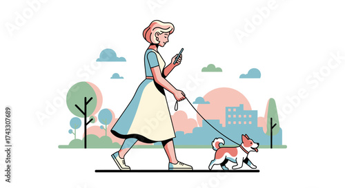 Woman walking dog in city park illustration emphasizing modern urban lifestyle