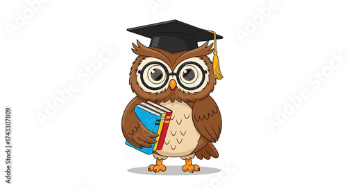 Wise owl wearing glasses and graduation cap holding books ready for school concept