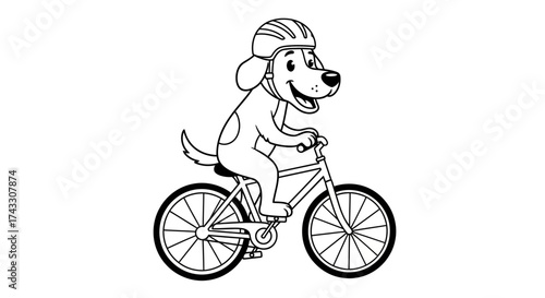 A playful cartoon illustration of a dog with helmet riding bicycle cheerfully
