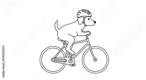 Cartoon dog with helmet riding a bicycle vector illustration in black and white simple line art