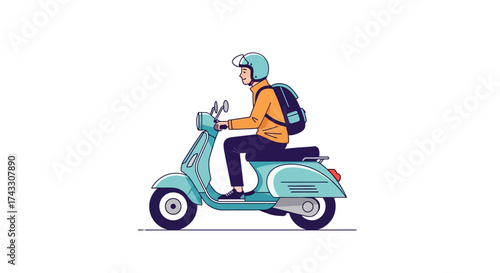 Delivery driver with backpack riding vintage scooter vector illustration design element