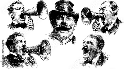 Vintage illustration set of men using megaphones in expressive poses. Detailed outline drawing in black and white vector art style.