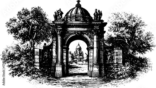 Vintage archway in a detailed black and white illustration. Classic garden landscape featuring ornate sculptures, creating an architectural vector set.