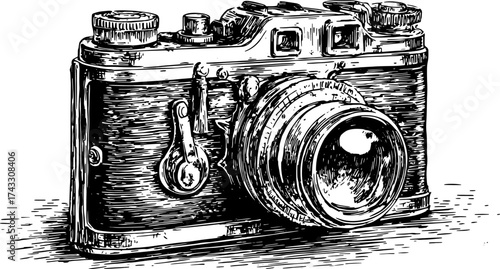 Vintage camera illustration in black and white. Detailed outline set showcasing classic photography equipment in a retro vector style.