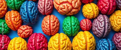 Vibrant colored brains arranged in a flatlay composition,  neuroscience,  texture