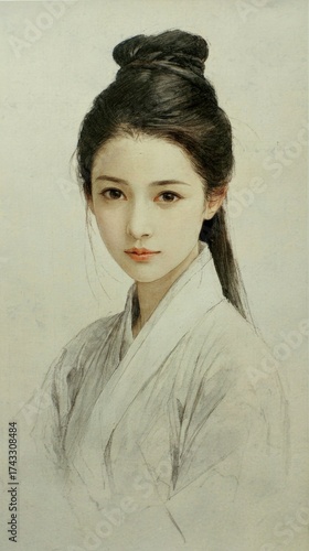 Portrait of a woman in traditional East Asian attire with elegant hairstyle and soft lighting