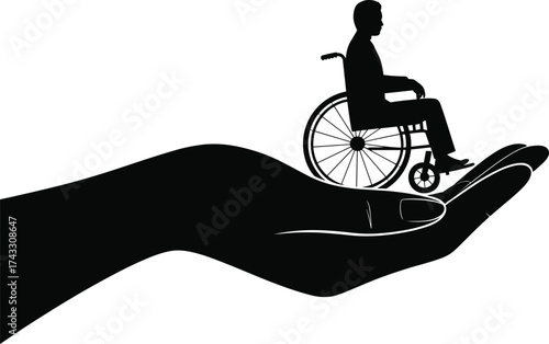 Disability support illustration, helping hand, wheelchair care, inclusion concept, compassion artwork, healthcare design, social awareness, black vector silhouette artwork